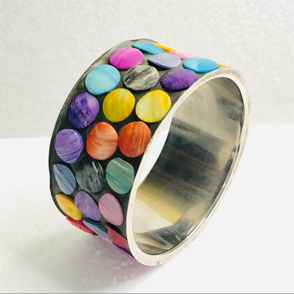 Two Silver Abalone Shell Colorful Inlay Bangle Bracelets - Picture 14 of 16